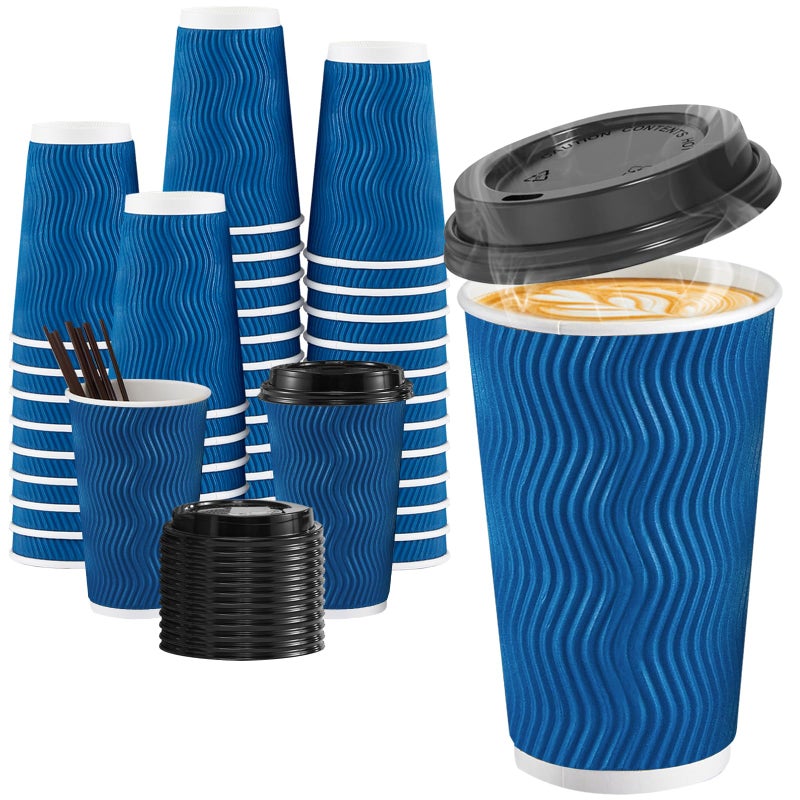 SIUQ 16 oz Coffee Cups90 Pack Disposable Coffee Cups with Lids and Straws Insulated Ripple Wall To Go Paper Coffee Cup for Coffee Hot Chocolate and Hot Tea Drinks Navy